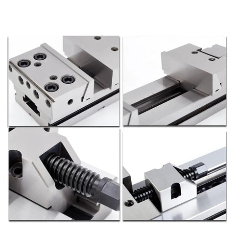 Precision Workbench Vise With Locktight Flat Jaws ideal for benchtop milling machines showcasing flat jaws and clamp mechanism.