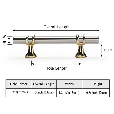Diagram showing dimensions of 10 Pack Brushed Nickel Cabinet Pulls Barrel Handles 3 Inch Center To Center No Fuss Install.