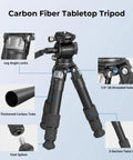 Pro Grade Carbon Fiber Tabletop Tripod Kit With 17 Inch Compact Desktop Design Built In Arca QR Plate, showing close-up details
