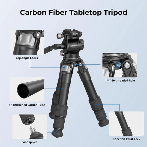Pro Grade Carbon Fiber Tabletop Tripod Kit With 17 Inch Compact Desktop Design Built In Arca QR Plate, showing close-up details