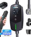 High Performance Level 2 EV Charger For Tesla Pumping Out 24 Amp 240 Volt Power With A Tough Twenty Five Foot Line displaying charging stats.