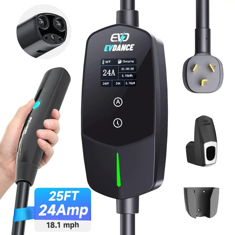 High Performance Level 2 EV Charger For Tesla Pumping Out 24 Amp 240 Volt Power With A Tough Twenty Five Foot Line displaying charging stats.