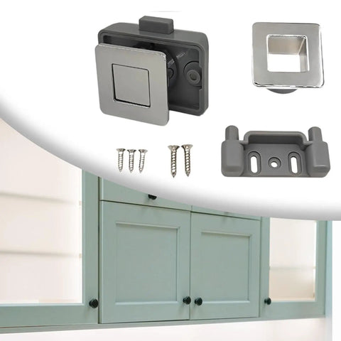 Push Button Latch Lock For Cabinets And Campers RVs Keyless Bright Chrome Cabinet Door Lock with screws and components