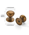 10 Pack Antique Brass Cabinet Knobs And Heavy Duty Bifold Closet Door Handles Top Shelf Drawer Hardware Built Tough As Nails For Wooden Dressers And Double Doors, 1.5 inch knobs, showing dimensions.