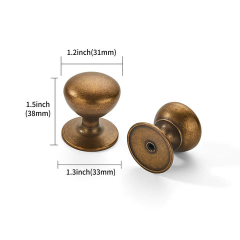 10 Pack Antique Brass Cabinet Knobs And Heavy Duty Bifold Closet Door Handles Top Shelf Drawer Hardware Built Tough As Nails For Wooden Dressers And Double Doors, 1.5 inch knobs, showing dimensions.