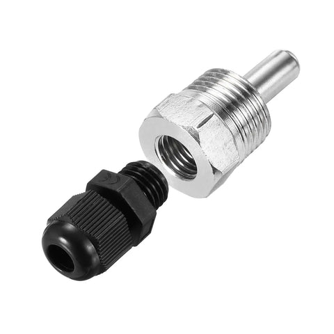 Black Weldless Thermowell For Beer Fermenter, 8mm Dia Stainless Steel 304 With Cable Gland, G1/2 Thread, shown disassembled view