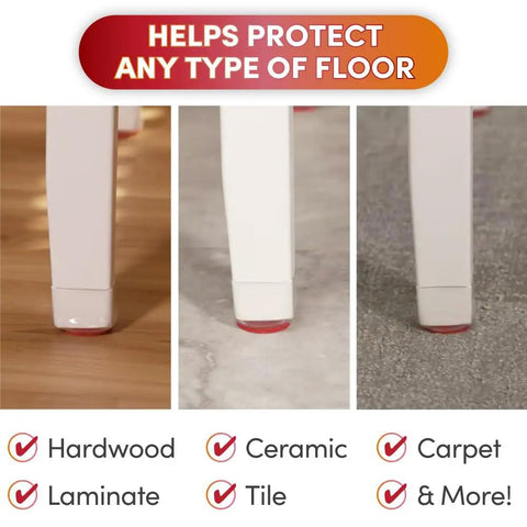 Stretchable Chair Leg Protectors For Hardwood And Tile Floors, shown on hardwood, ceramic, and carpet surfaces