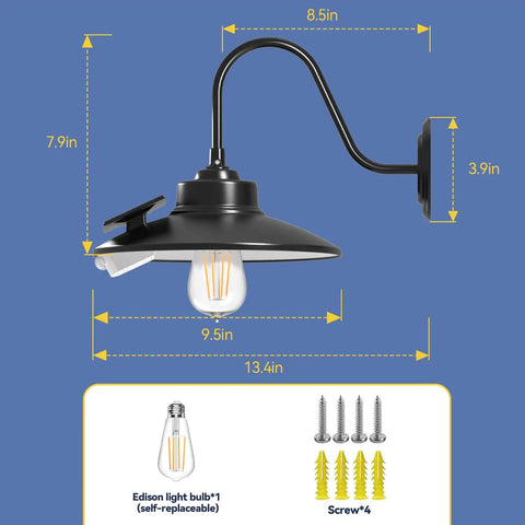 Gooseneck Solar Wall Light With Motion Sensor And 3 Lighting Modes, IP65 Waterproof Outdoor Barn Porch Farmhouse Decor, 2000mAh Battery shown with dimensions and installation screws