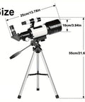 High Powered 150X Portable Telescope With 70mm Aperture HD Refractor Dope Optics showing measurements on adjustable tripod