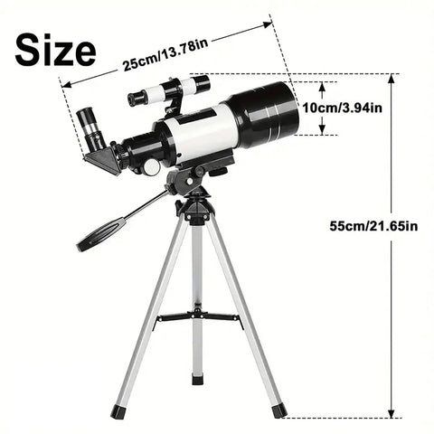 High Powered 150X Portable Telescope With 70mm Aperture HD Refractor Dope Optics showing measurements on adjustable tripod