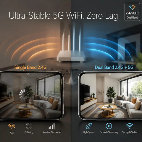 Comparison of single band vs dual band WiFi on a 2K 5G Indoor Security Camera With Crying Detection AI Baby Monitor No Monthly Fees
