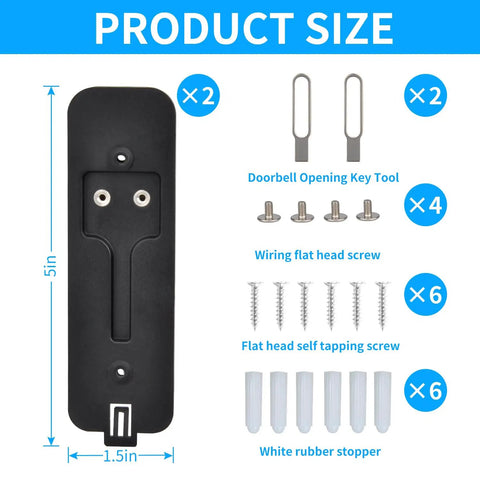 Built Tough Backplate Replacement For Leading Smart Doorbell Systems, showing 5x1.5 inch black mounting plate with screws and tools.