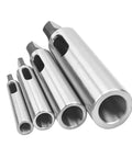 Front view of five chrome-plated drill sleeve collet chucks MT1 to MT5 for Morse taper arbors