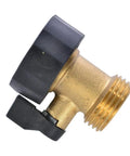 Side view of Heavy Duty Brass Garden Hose Shut Off Valve 3/4 Inch One Way Restricted Flow Stop with grip handle and threaded end.