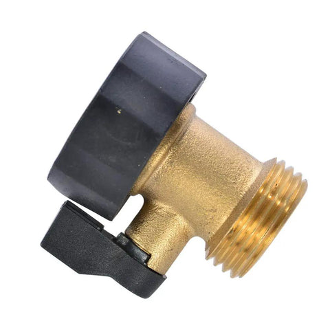 Side view of Heavy Duty Brass Garden Hose Shut Off Valve 3/4 Inch One Way Restricted Flow Stop with grip handle and threaded end.