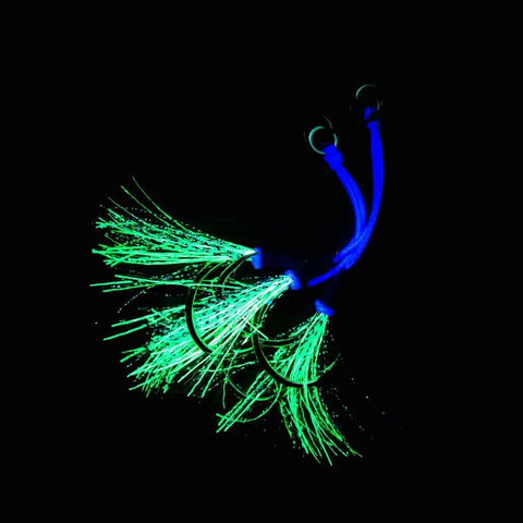 Glow tassel material for Heavy Duty Premium Slow Fall Pitching Jigs For Saltwater Fishing Tough 9T Lead Alloy Sinkers Paired With Razor Sharp Mustad Stinger Hook Killer Offshore Jigging Bait 120 Grams.