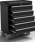 Heavy Duty 5 Drawer Metal Rolling Tool Chest With Wheels, Locking Storage Cabinet For Garage, Workshop, And Warehouse, Alloy Steel Construction Pro Grade With Powder Coated Finish, Mobile Toolbox, black front view
