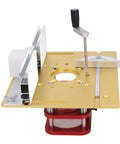 Super Rugged Stainless Steel Router Lift Kit For Woodworking Tables With No Sweat Setup and Butter Smooth Height Adjustments shown from above, highlighting precision adjustment features.