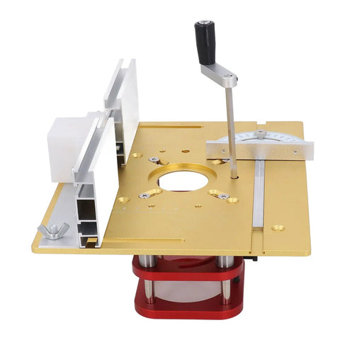 Rock Solid Aluminum Router Lift With Smooth Manual Height Adjustment Precision Workhorse For Woodworking and 64 To 66 Millimeter Router Motors, showing table setup.
