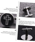 Cross Cufflinks Titanium Steel For Men Black Decorative Shirt Fasteners With A Sharp All Day Shine For Business Wedding Formal Wear And Everyday Dress Up 1 Pair showing front and back details on grey fabric