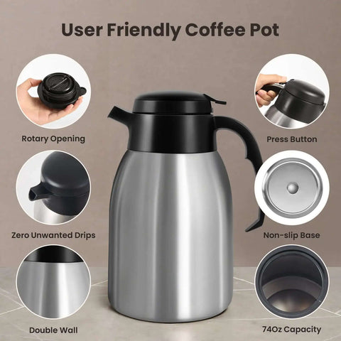 Workhorse Commercial Drip Coffee Maker With 12 Cup Capacity And 74 Ounce Thermal Carafe in stainless steel, lid details shown