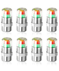 8 Pack Tire Pressure Monitor Valve Stem Caps With 3 Color Eye Alert And Easy Read Sensor Indicator 2.4 Bar 36 PSI Fits Most Cars Trucks SUVs No Hassle Installation Stainless Steel Silver, showing 8 caps with tricolor indicators.