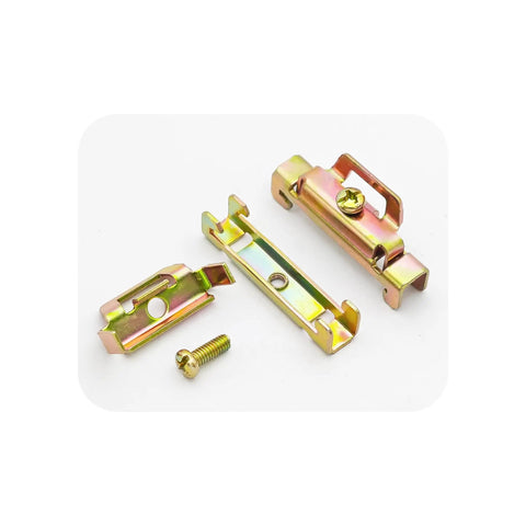 Six Pack DIN Rail Terminal Block End Stopper Set With Iron Galvanized Screw Clamp parts displayed against a white background.