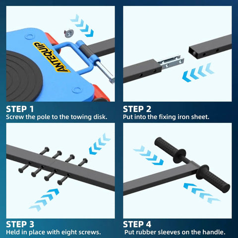 Anteqvip 4 Ton Machine Skate Heavy Duty Industrial Mover assembly steps with poles, disks, and screws highlighted.
