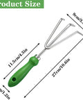 Three Tine Claw Garden Rake With Ergonomic Handle And Stainless Steel Build shown with dimensions.