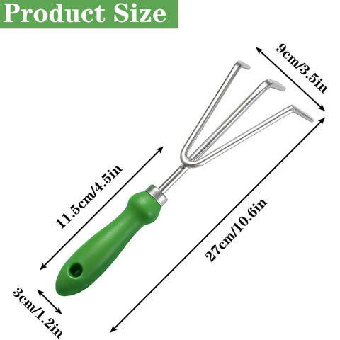 Three Tine Claw Garden Rake With Ergonomic Handle And Stainless Steel Build shown with dimensions.