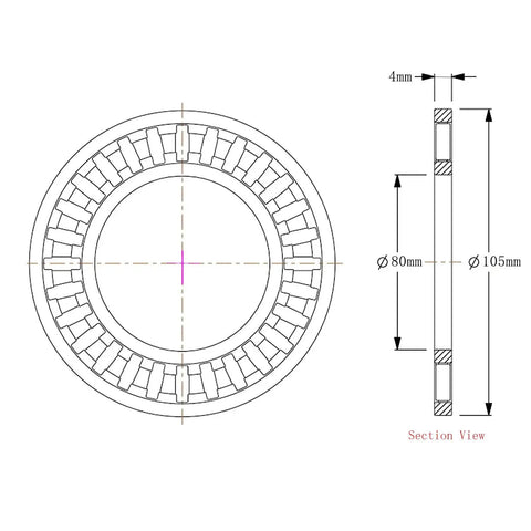 Diagram of Beefed Up Thrust Needle Roller Bearing with two washers for industrial equipment, ID 80mm, OD 105mm, width 4mm.