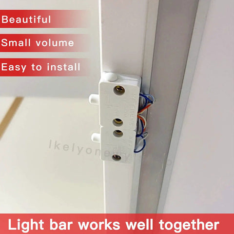 Close-up of 8 Pack Door Activated Light Switch Kit installed on cabinet with side panel view, 120V 1A 250V rated, easy to install