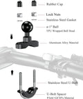 Diagram of 1 Inch Ball Handlebar U Bolt Mount Base Fits Round Rails 0.5 To 1.26 Inches RAM Mounts B Size Compatible With 1 Inch Ball Double Socket Arm Bike And Motorcycle Phone Holder, showing components like rubber cap, stainless steel U-bolt, and aluminum alloy material.