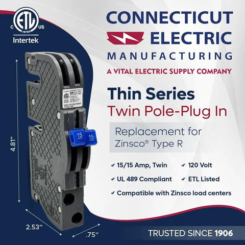 Image shows New Twin 15 Amp Zinsco R3815 Circuit Breaker Replacement For Zinsco Panels, dual-pole, 120/240V, gray molded case.