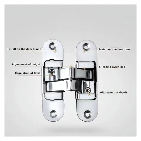 Hidden Cross Hinge For Invisible Doors And Cabinets, 3D Adjustable 180 Degree Folding Door Hinge, Concealed Stainless Steel H Shaped Door Hardware For Wooden Doors, Large Right, showing adjustment features.