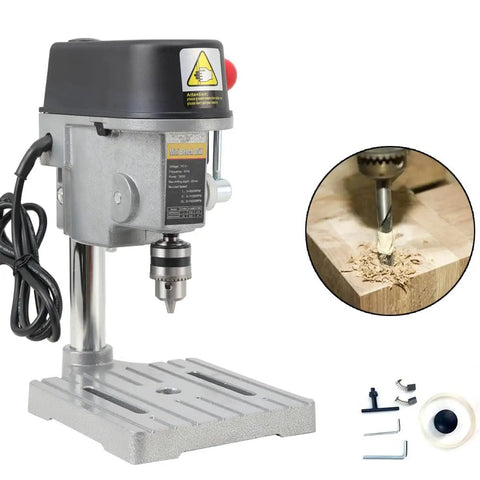 3 Speed Benchtop Drill Press For DIY Projects And Jewelry Making Electric Bench Drill For Precision Wood Plastic Aluminum And Resin Drilling Low Noise Durable 110V Workhorse For Small Detail Work, includes accessories and drill bit in use on wood
