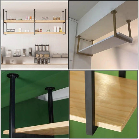 Badass Heavy Duty Ceiling Shelf Brackets With Screws, 2 Tier Floating Metal Bracket Supports for Kitchen or Dining Room, showcasing black and gold brackets.