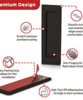 Diagram showing features of 6 Inch Finger Flush Pulls For Closet Pocket And Sliding Barn Door Handle Set with Matte Black finish and 3M adhesive.