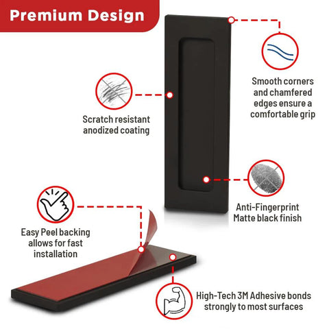 Diagram showing features of 6 Inch Finger Flush Pulls For Closet Pocket And Sliding Barn Door Handle Set with Matte Black finish and 3M adhesive.