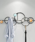 Heavy Duty Metal Wall Mount Coat Hooks For Entryway Living Room Bedroom Sturdy Rack with colorful circles holding a coat.