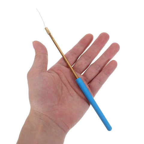 Hand holding blue glass rod from Flame Test Wire Kit With Cobalt Glass Filter Sheet, Metal Alloy Wire And Blue Glass Rods.