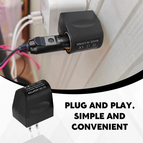 Dang Solid AC To DC Car Cigarette Lighter Adapter And Wall Plug Converter plugged into wall socket with wires.