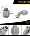 Three Quarter Inch Heavy Duty Liquid Tight PVC Conduit Connector Set Non Metallic NPT Fittings Includes Straight And 90 Degree Angles Nylon 6 UL Listed Grey 20 Pack with size dimensions.
