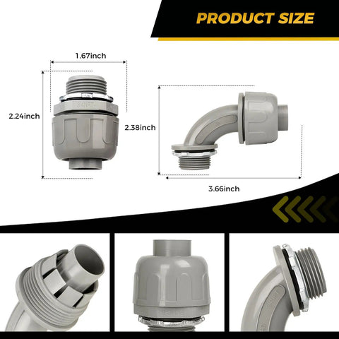 Three Quarter Inch Heavy Duty Liquid Tight PVC Conduit Connector Set Non Metallic NPT Fittings Includes Straight And 90 Degree Angles Nylon 6 UL Listed Grey 20 Pack with size dimensions.