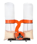 High Power Dust Collector With 1550 CFM Vortex Cone For Fast Wood Dust Pickup, 2.5 Micron Filtration, showing two dust bags