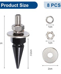 Set Of Eight Badass Spiked Aluminum License Plate Screws With Security Hardware For A Tight Anti Theft Lockdown On Any Daily Driver Or Custom Bike Rig Today, showing sizes and details of spiked screws.