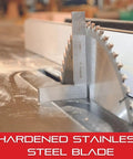 Precision Stainless Steel Toolmakers Square With Fitted Plastic Case for accurate right angles next to a saw blade on a workbench.
