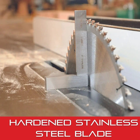 Precision Stainless Steel Toolmakers Square With Fitted Plastic Case for accurate right angles next to a saw blade on a workbench.