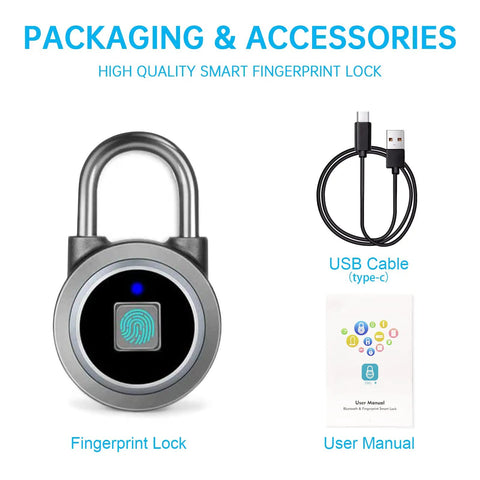 Fingerprint Bluetooth Padlock With Keyless Biometric Access, App Controlled, Water Resistant Lock No Key Needed, USB cable, manual