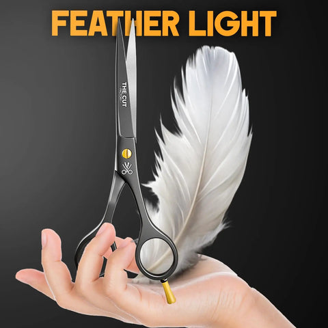 Six And A Half Inch Matte Black Luxury Hair Scissors Ultra Sharp Stainless Steel Barber Shears above hand with feather light text